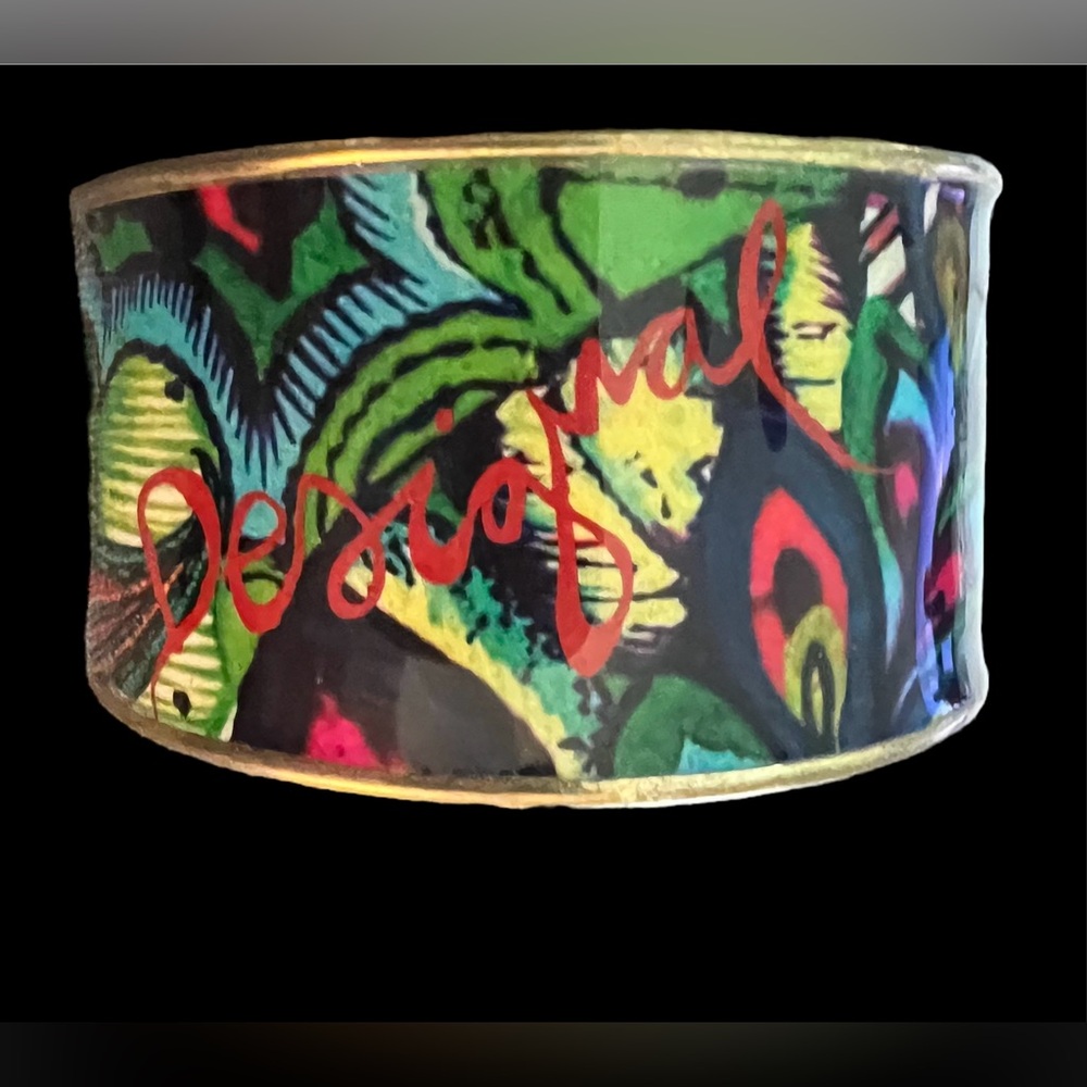 Desigual Vibrant Colorful Hawaiian Tropical Print Wide Bangle Bracelet Brass
